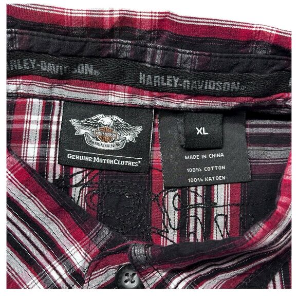Harley Davidson Plaid Button Up Shirt Men XL Red Black Short Sleeve Skull Logo - Picture 6 of 11
